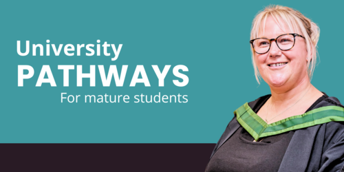 Banner for University Pathways showing a mature female student in a graduation gown
